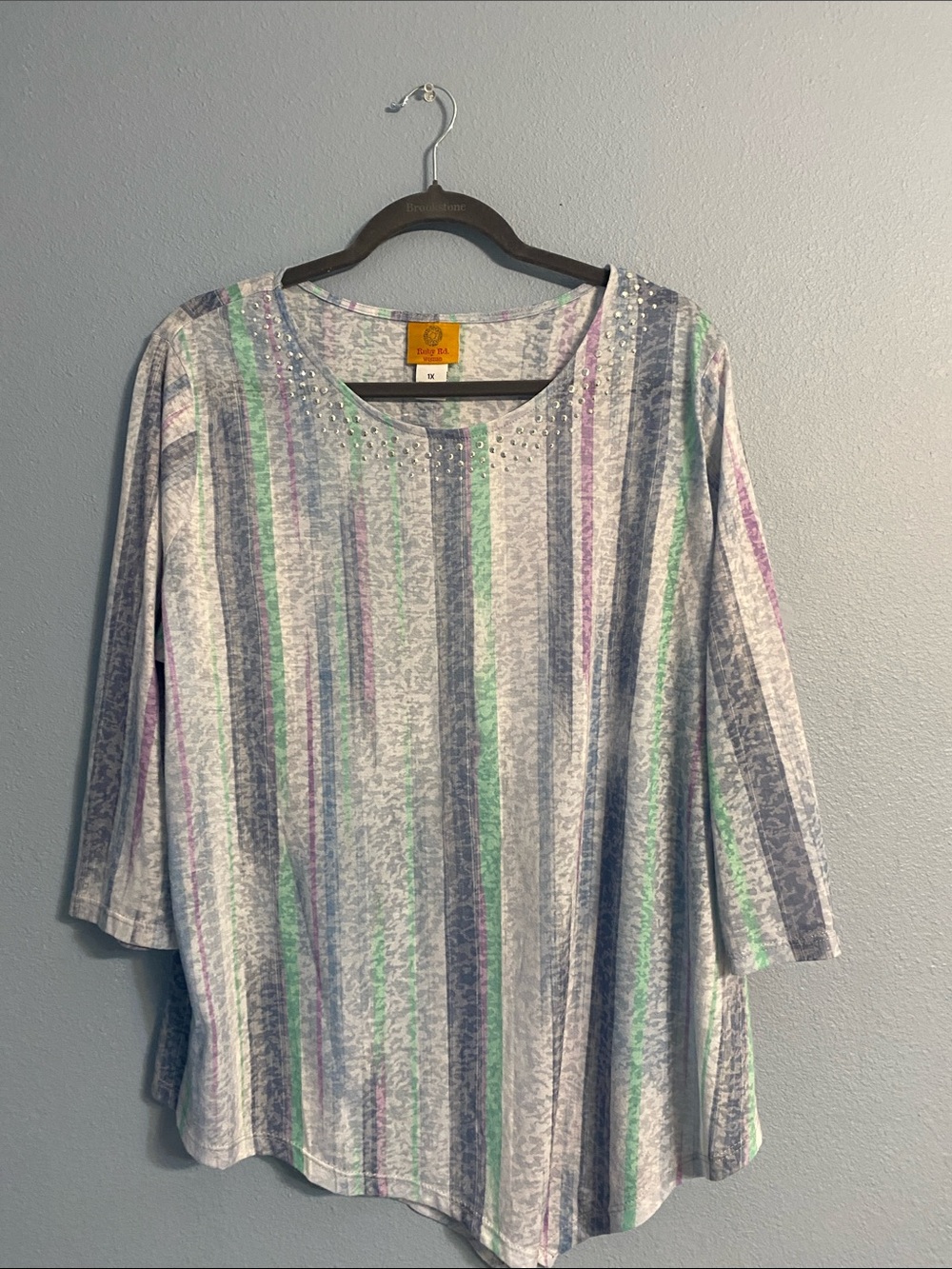 Ruby Rd. Pastel Stripe Rhinestone Scoop Neck Long Sleeve Top
